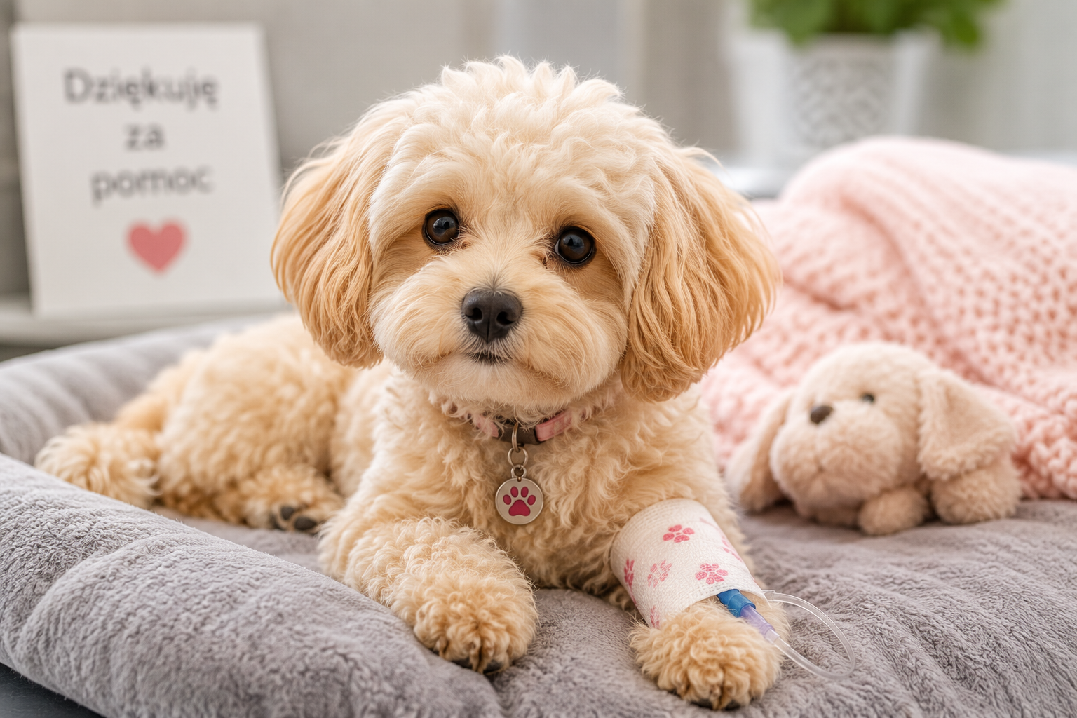 Mały pies Maltipoo podczas leczenia babeszjozy